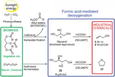 formic acid-mediated deoxygenation reaction converts glycerol and other unwanted biomass byproducts into feedstocks